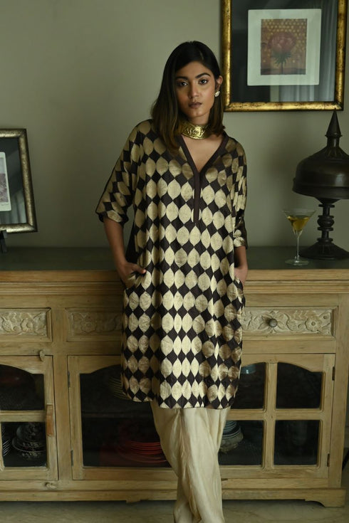 Noor brown brocade shahi kaftan with chai beige nandini dhoti