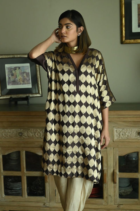 Noor brown brocade shahi kaftan with chai beige nandini dhoti