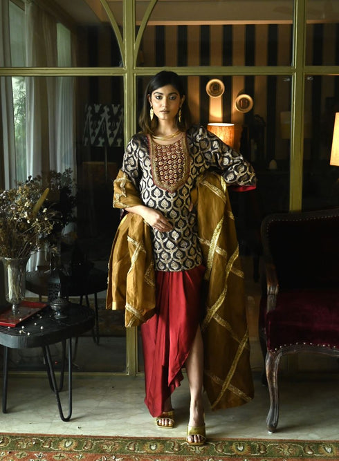 Noor brown shruti kurta with red cowl skirt