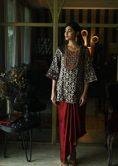 Noor brown shruti kurta with red cowl skirt