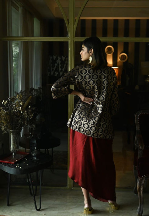 Noor brown shruti kurta with red cowl skirt