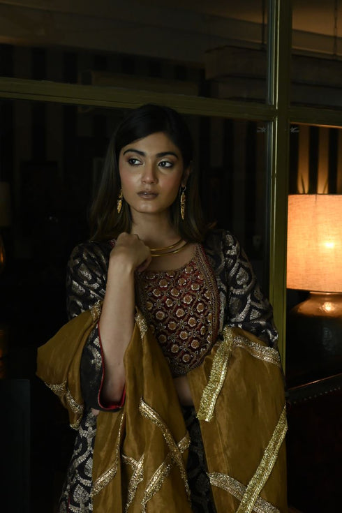 Noor brown shruti kurta with red cowl skirt