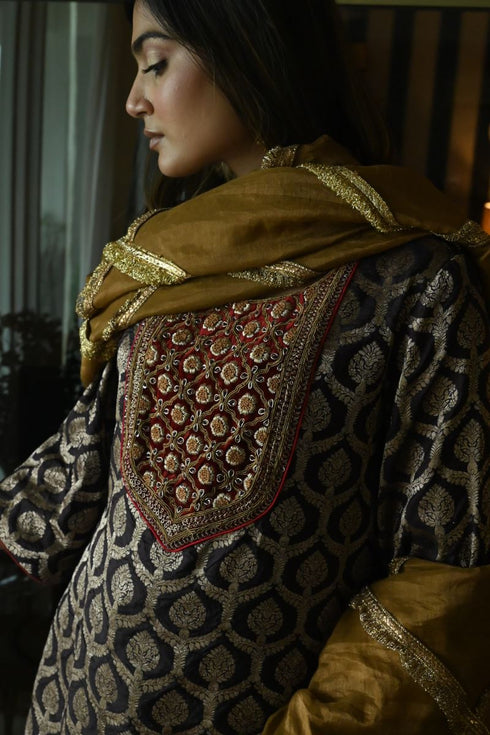 Noor brown shruti kurta with red cowl skirt