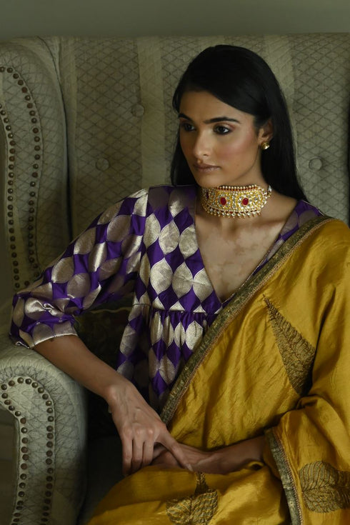 Noor ochre haldi patta sari