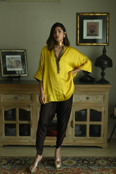 Noor ochre seher kaftan with brown tannu dhoti pants