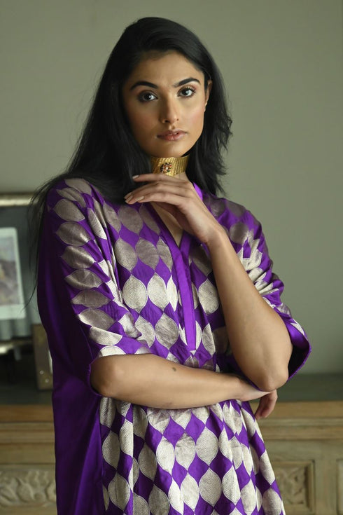 Noor purple brocade shahi kaftan with chai beige nandini dhoti