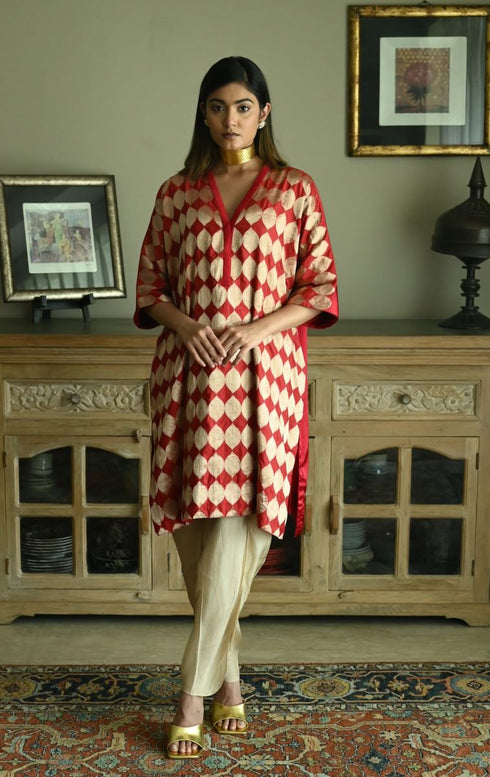 Noor red brocade shahi kaftan with chai beige nandini dhoti