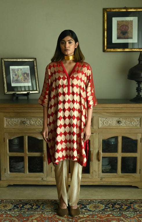 Noor red brocade shahi kaftan with chai beige nandini dhoti