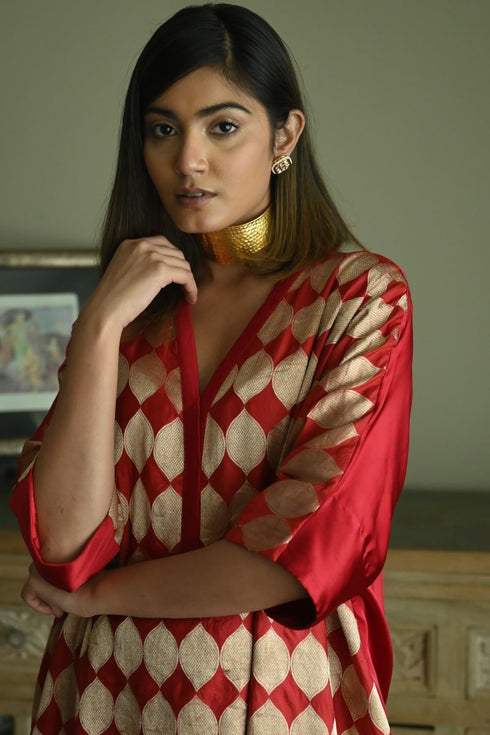 Noor red brocade shahi kaftan with chai beige nandini dhoti