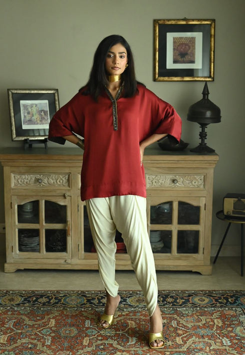 Noor red seher kaftan with ivory tannu dhoti pants