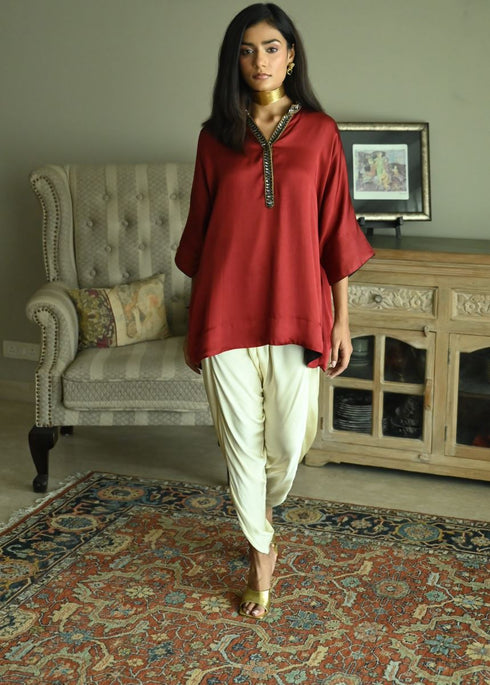 Noor red seher kaftan with ivory tannu dhoti pants