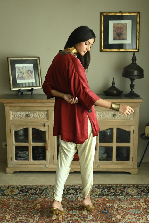 Noor red seher kaftan with ivory tannu dhoti pants