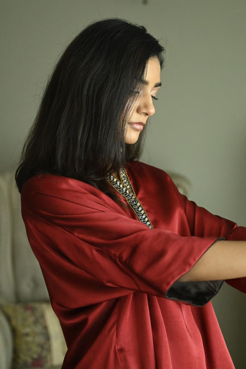 Noor red seher kaftan with ivory tannu dhoti pants