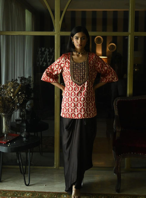 Noor red shruti kurta with brown cowl skirt