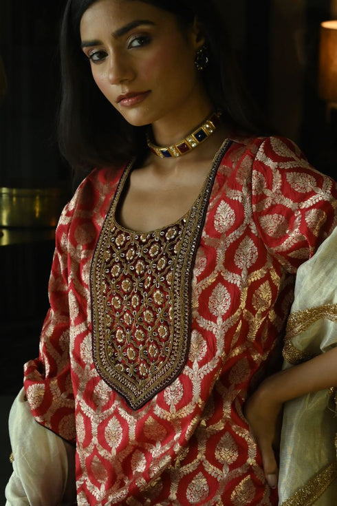Noor red shruti kurta with brown cowl skirt