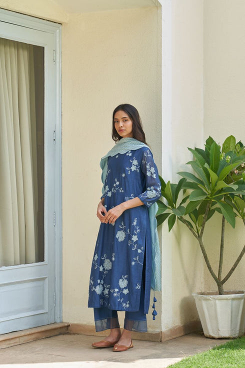 Ocean blue applique kurta set