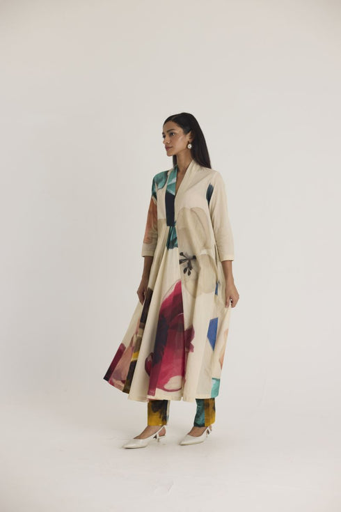 Off-white lila long V neck kurta set