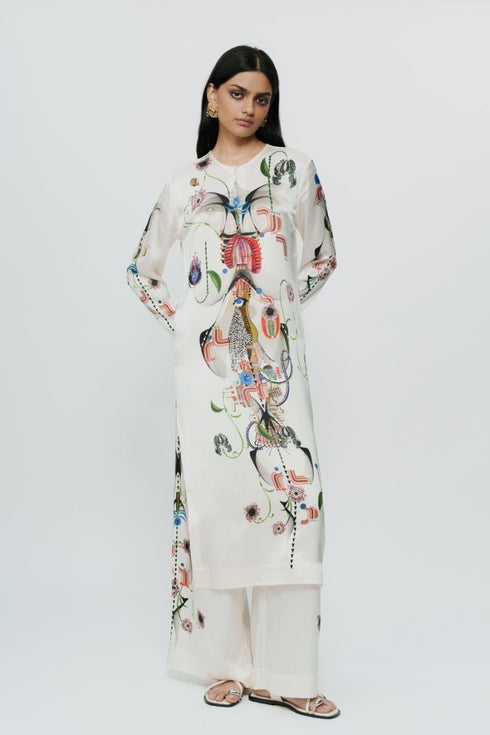 Off white astral print long Kurta with trouser