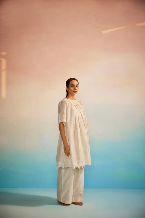 Orihime ivory box pleat applique dress