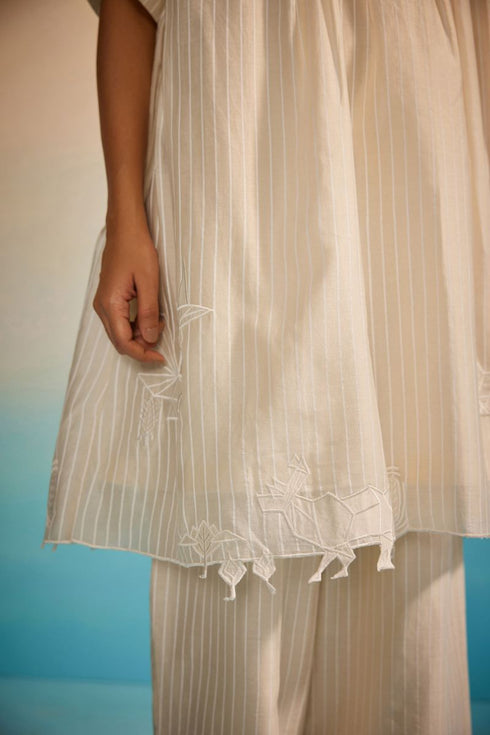 Orihime ivory box pleat applique dress