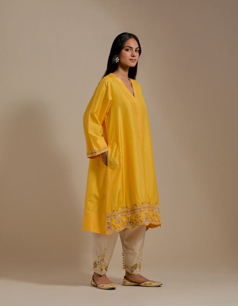 Padma mango yellow and champagne embroidered tunic with trousers