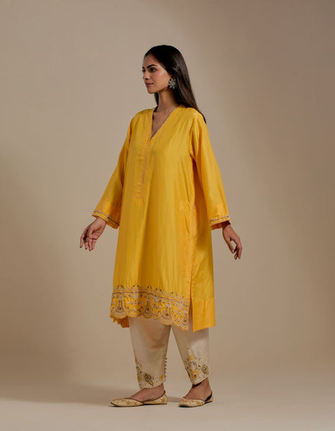Padma mango yellow and champagne embroidered tunic with trousers