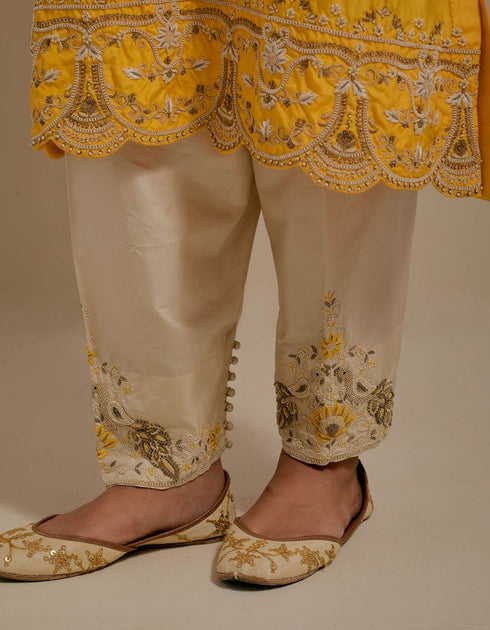 Padma mango yellow and champagne embroidered tunic with trousers