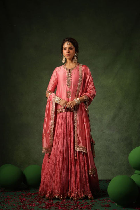 Pakeezah zardozi ambi kurta lehenga Gulabi set