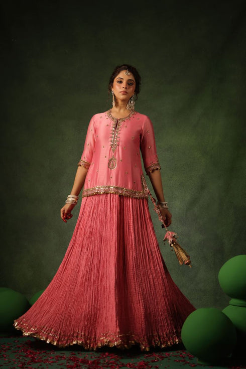 Pakeezah zardozi ambi kurta lehenga Gulabi set