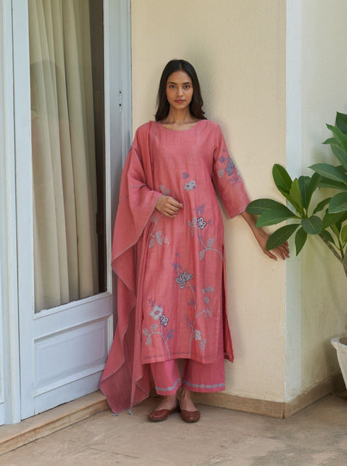 Peony applique embroidered kurta set