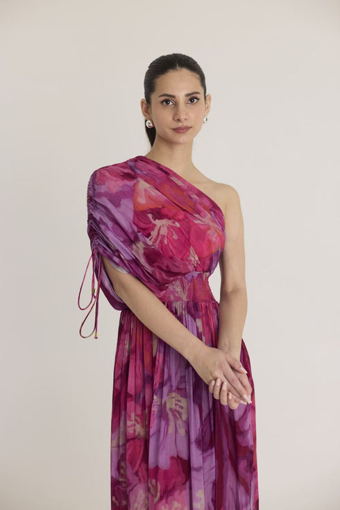 Pink violet one shoulder dress