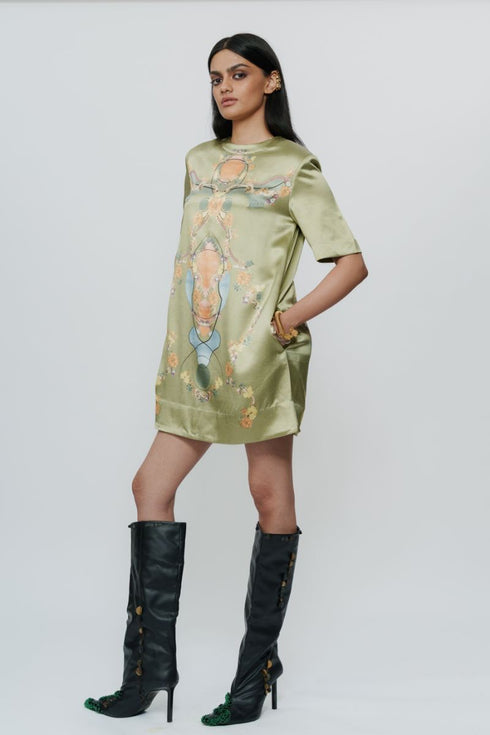 Pista green printed silk dress