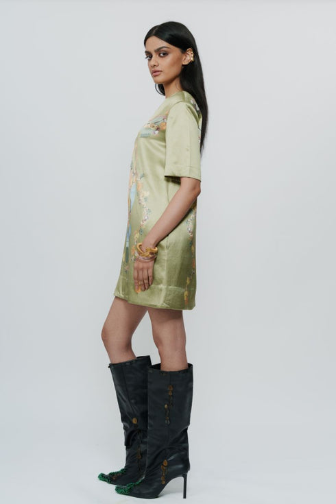 Pista green printed silk dress