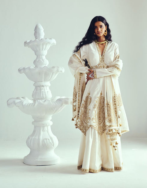 Placed paisley ivory anarkali with sharara and dupatta