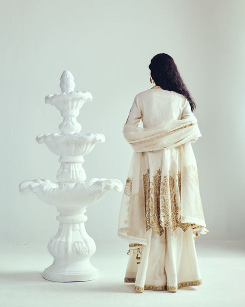 Placed paisley ivory anarkali with sharara and dupatta