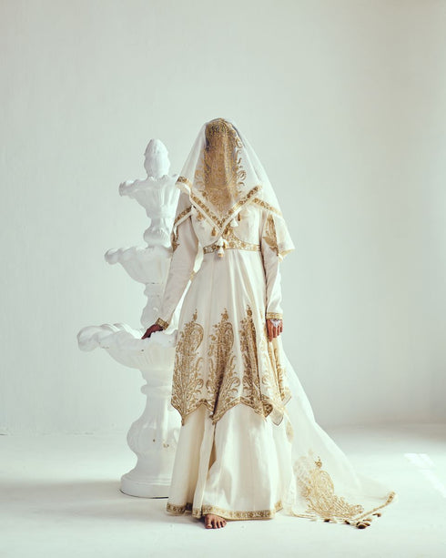 Placed paisley ivory anarkali with sharara and dupatta
