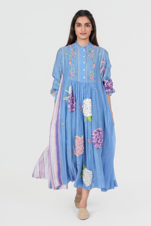 Playpen blue applique and thread embroidered dress