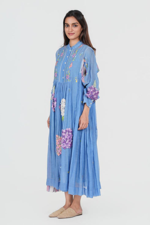Playpen blue applique and thread embroidered dress