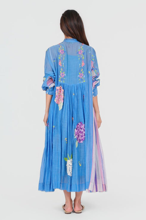 Playpen blue applique and thread embroidered dress