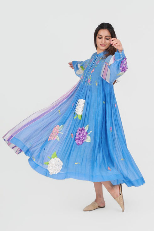 Playpen blue applique and thread embroidered dress