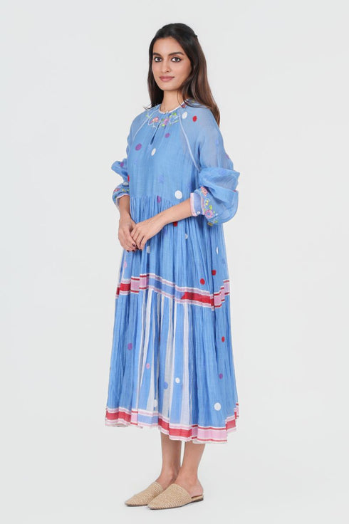 Playpen blue printed and thread embroidered dress