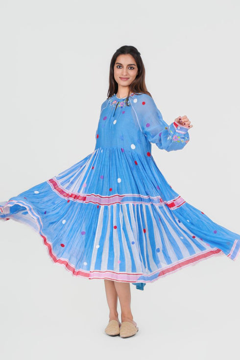 Playpen blue printed and thread embroidered dress