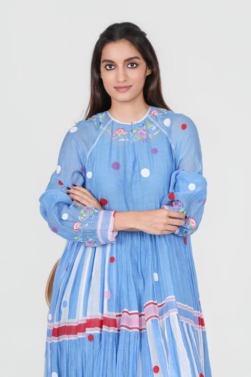 Playpen blue printed and thread embroidered dress