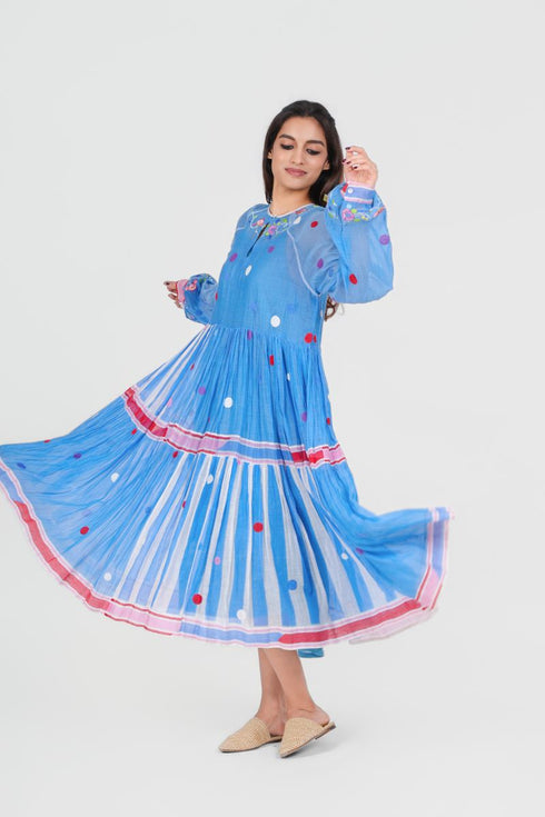 Playpen blue printed and thread embroidered dress