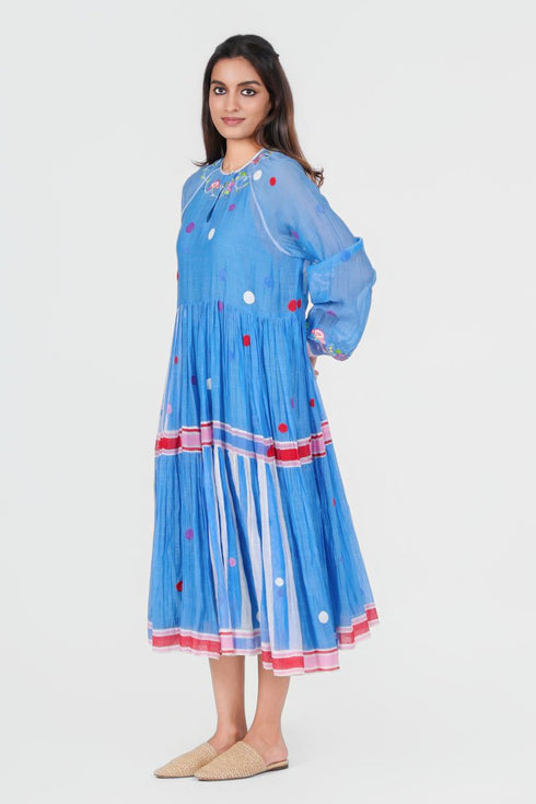 Playpen blue printed and thread embroidered dress