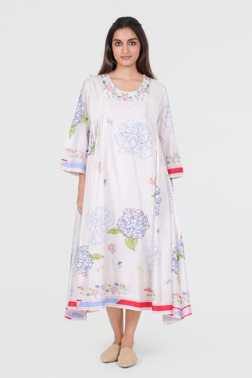 Playpen white floral printed and thread embroidered dress