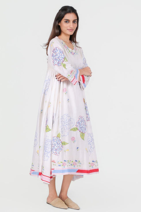 Playpen white floral printed and thread embroidered dress