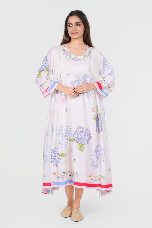 Playpen white floral printed and thread embroidered dress