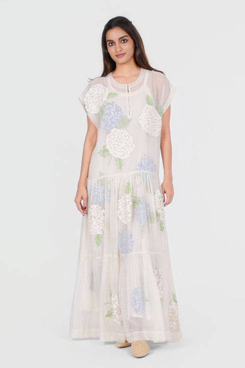 Playpen white printed and 3d embroidered long dress