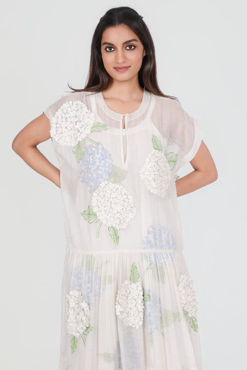 Playpen white printed and 3d embroidered long dress